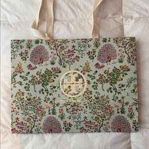 Rare- Tory Burch Green Floral shopping purchase bag Tote with peacocks